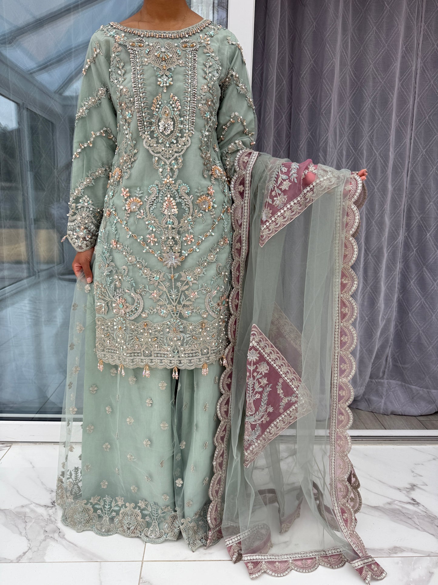 ISMA GREEN - Embroidered net kameez with sharara