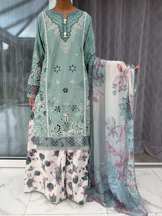YUMNA - EMBROIDERED LINEN KAMEEZ WITH SHARARA - EID OFFER