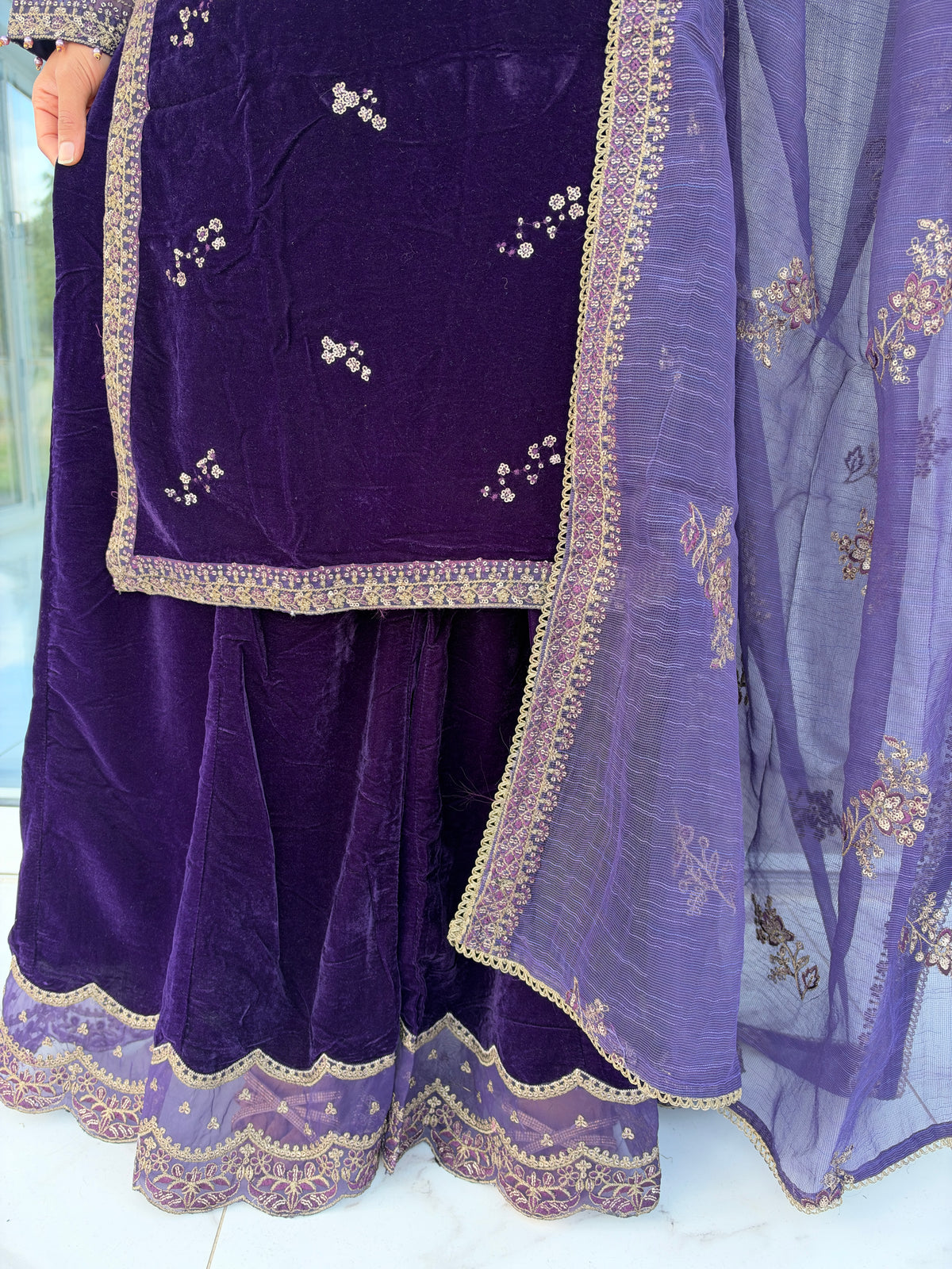 NAQSH PURPLE - Embroidered luxury velvet kameez with Sharara