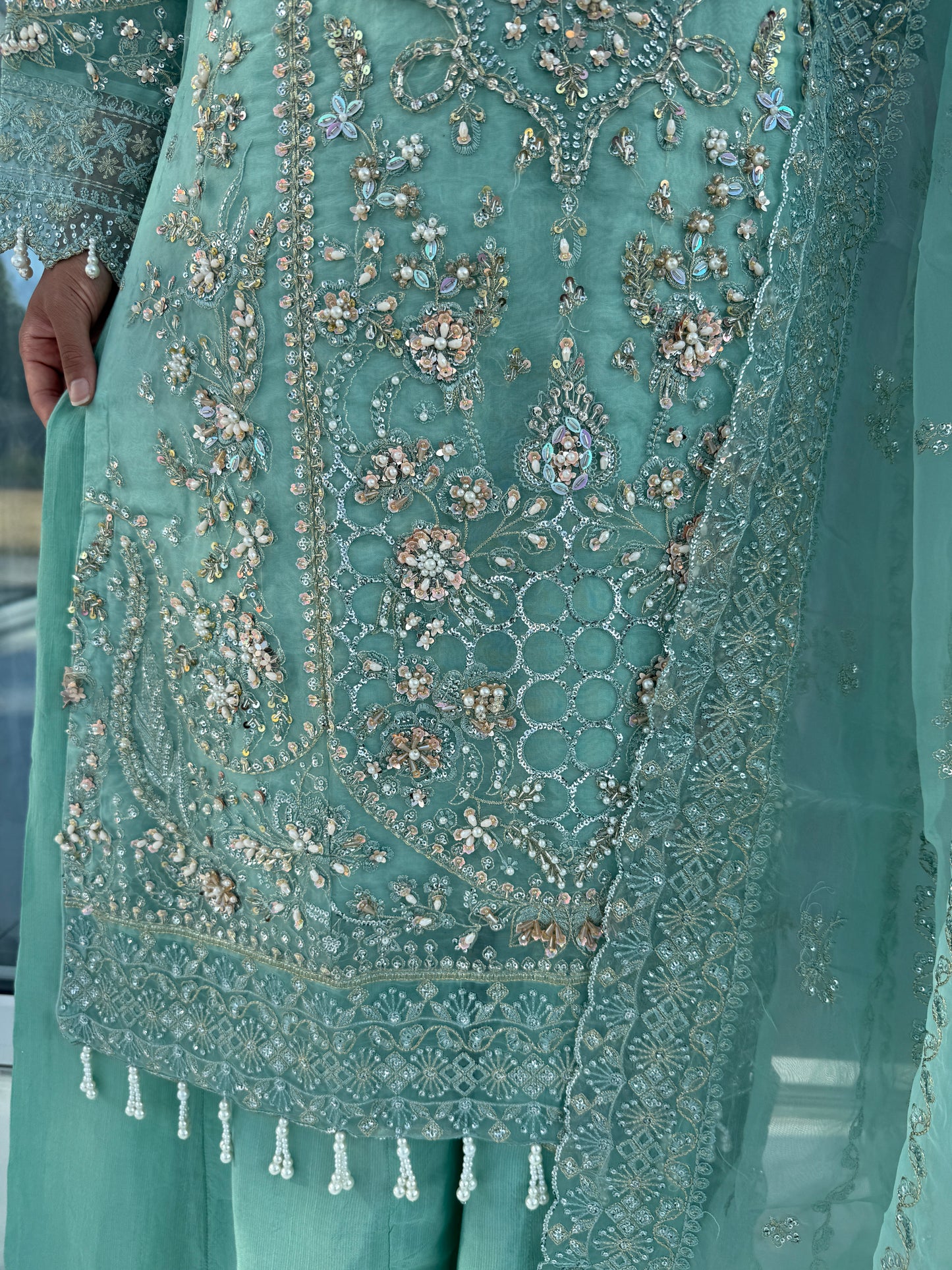 ANIQA - Embroidered organza kameez with handwork and Kali Sharara