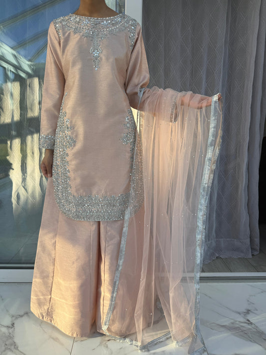 AVEEN - Embroidered raw silk kameez with Kali Sharara
