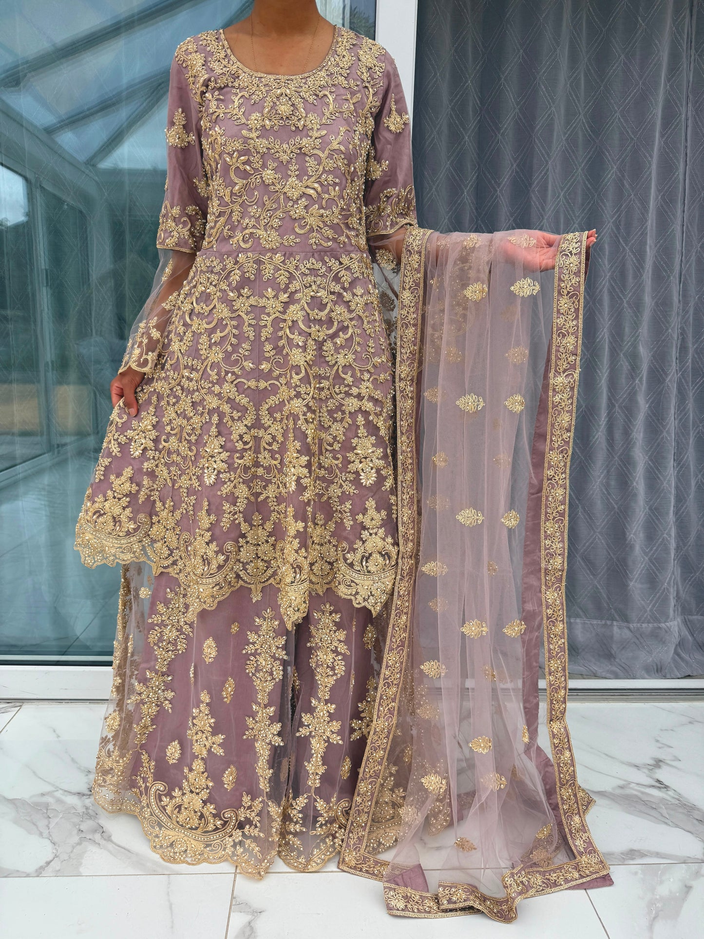 MAHNOOR - Embroidered net peplum dress with Sharara