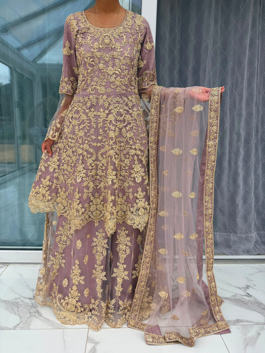 MAHNOOR - Embroidered net peplum dress with Sharara