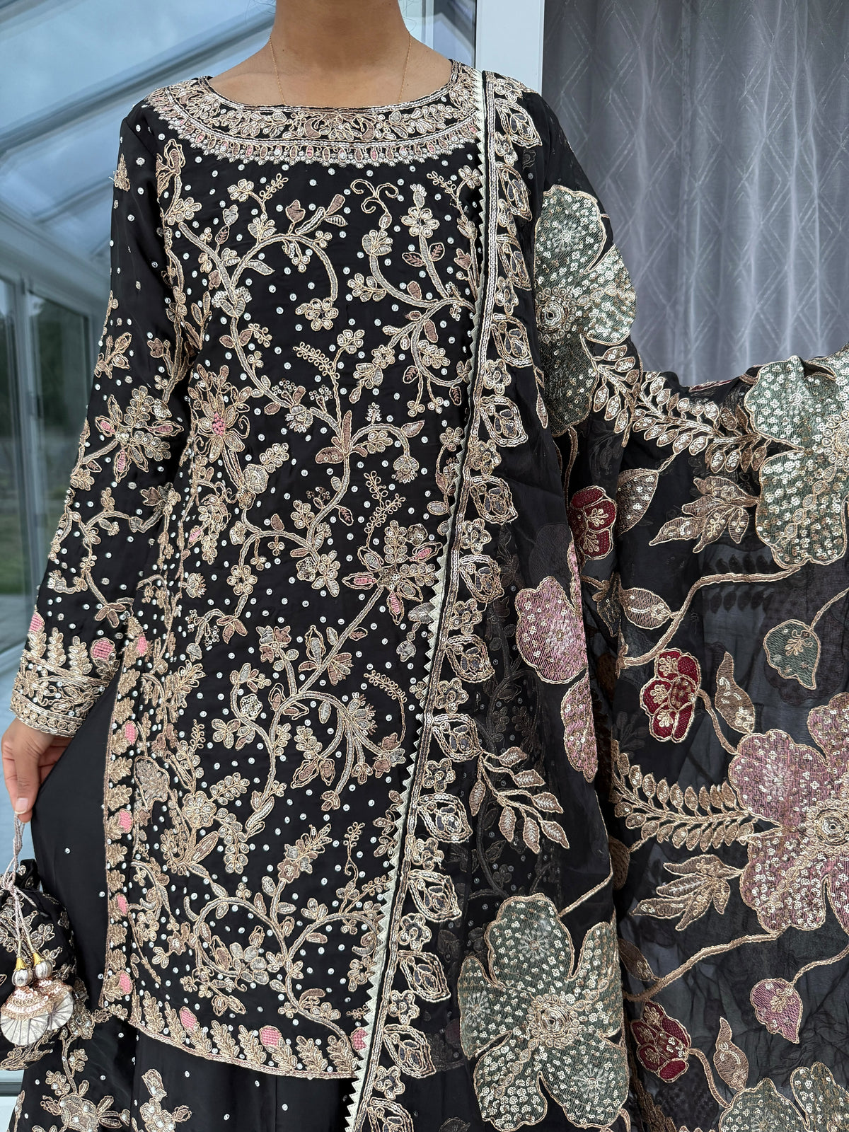 KHAANI BLACK - Embroidered luxury silk kameez with Sharara