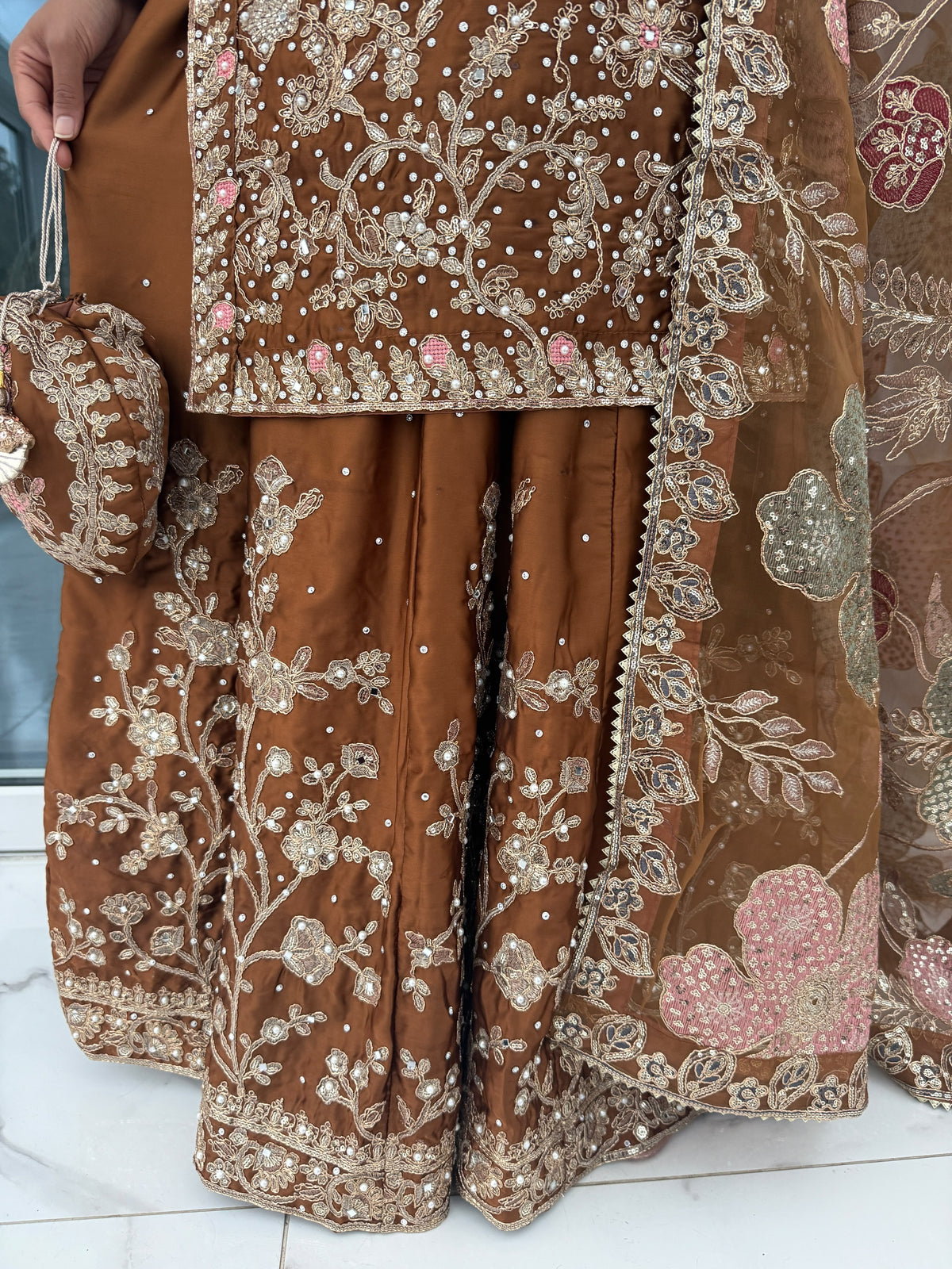 KHAANI CARAMEL BROWN - Embroidered luxury silk kameez with Sharara