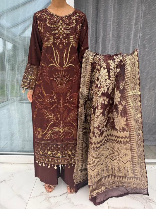 AIRA BROWN - Embroidered linen kameez with jacquard dupatta