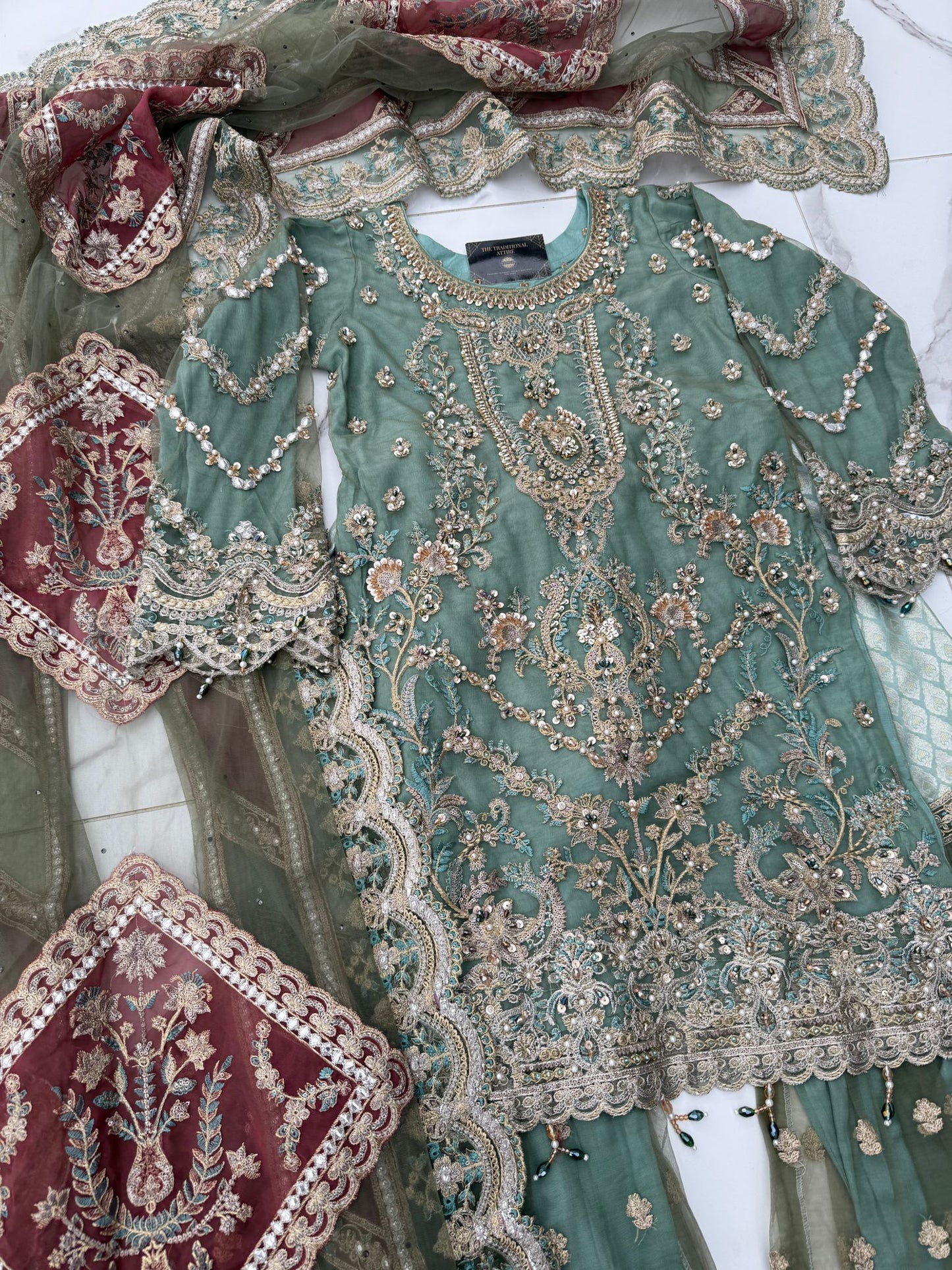 NAAIRA - Embroidered Imrozia net kameez with gharara