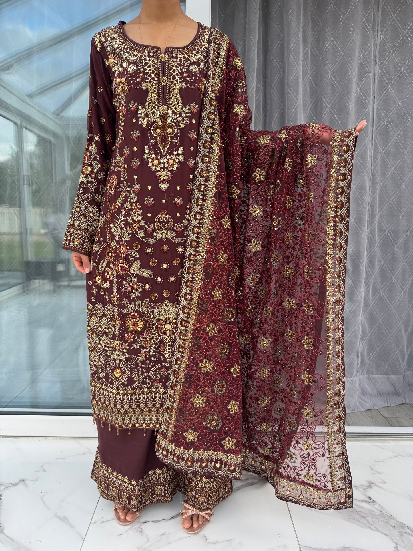 FALAQ - Embroidered Chiffon kameez with plazo brown