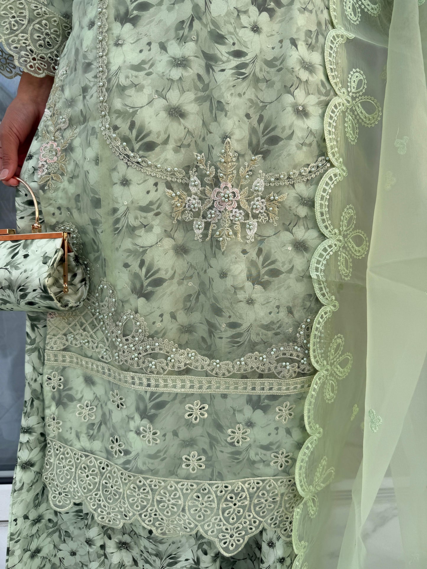 MINAL - Embroidered organza kameez with floral printed silk lining and Sharara