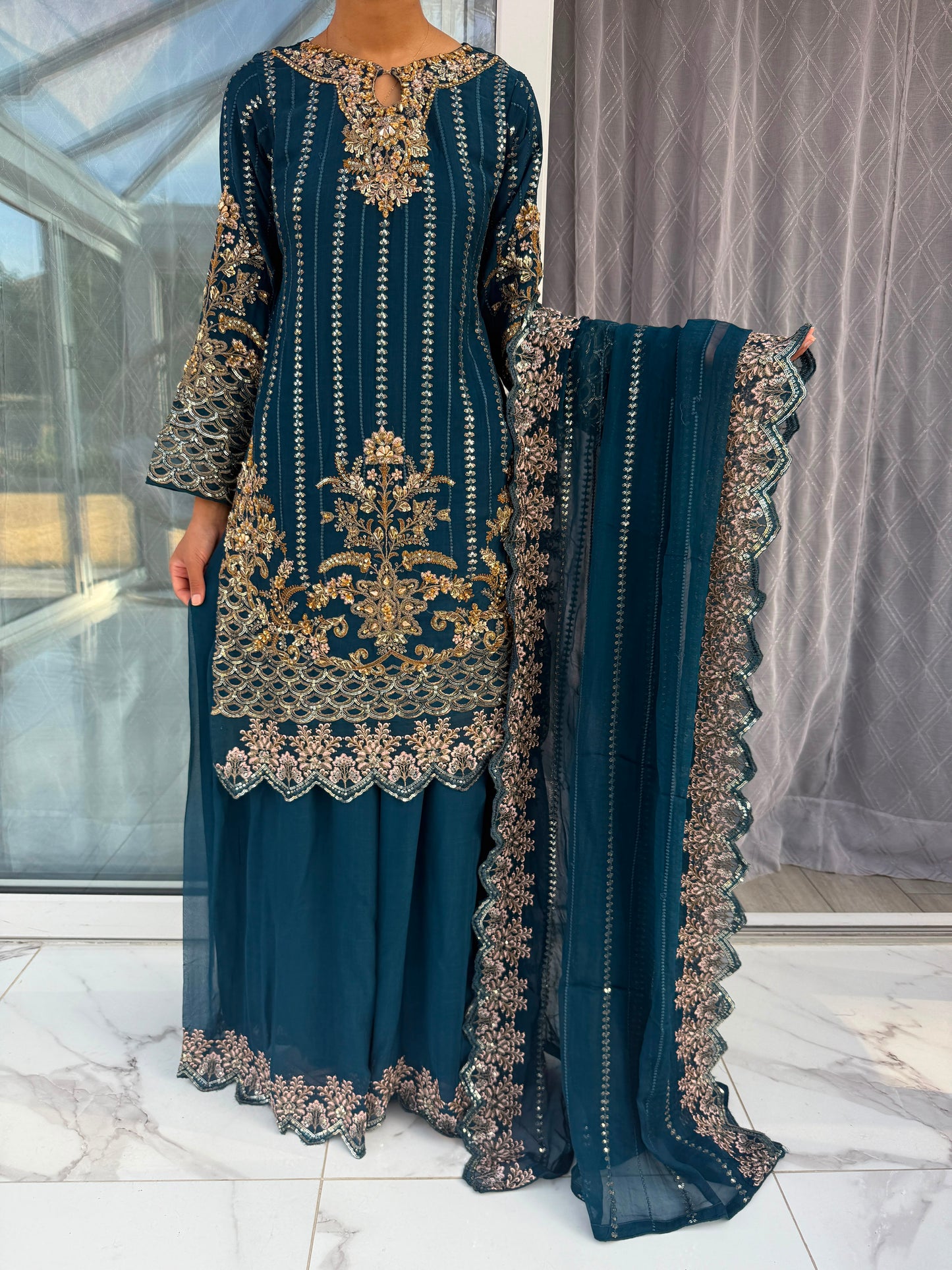 HOORIA - Embroidered chiffon kameez with Sharara