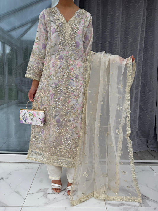 MARIYA - Embroidered organza kameez with floral silk lining
