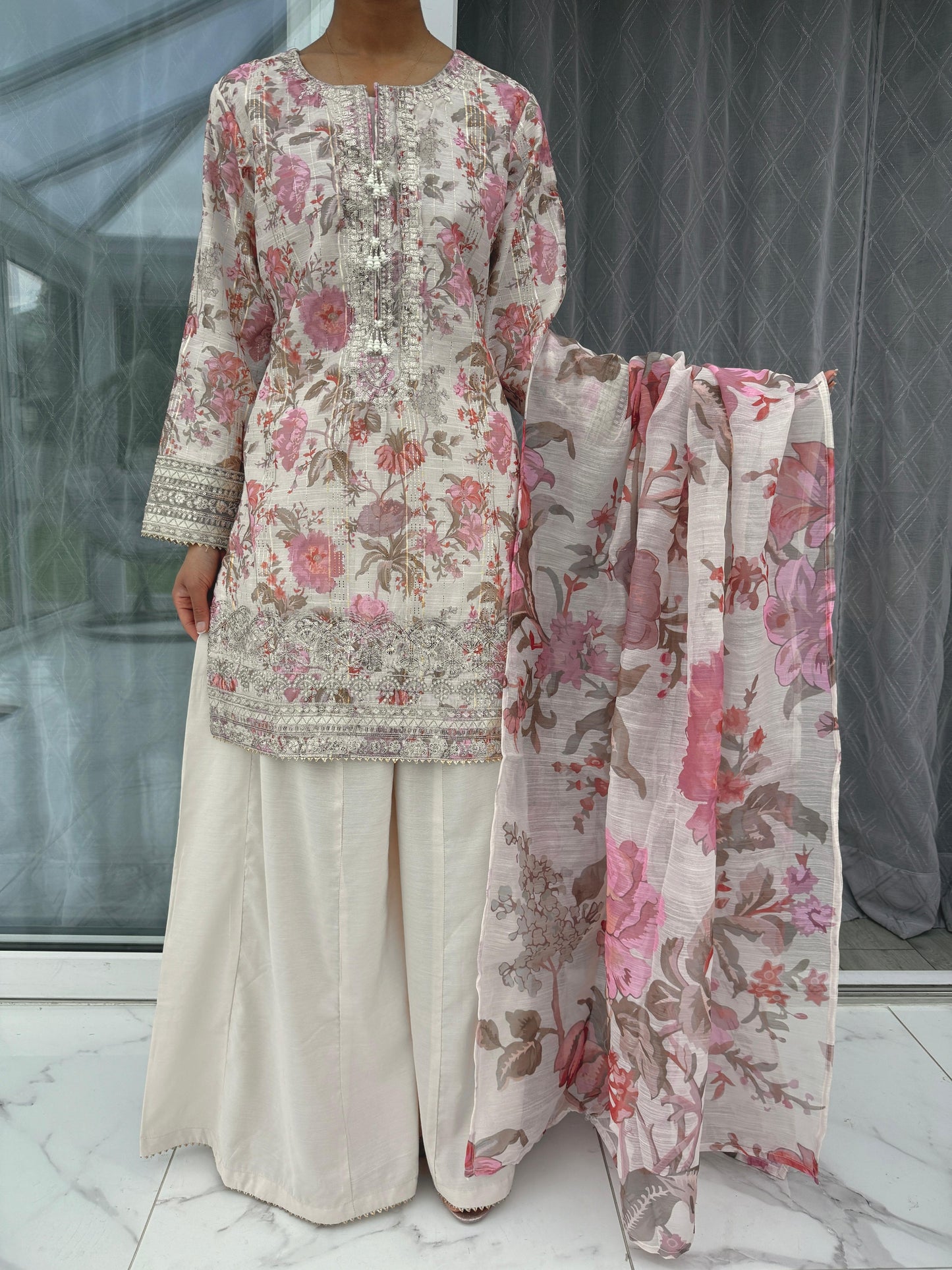 AYNAZ - Embroidered floral printed monar outfit with Kali Sharara (pink flowers)