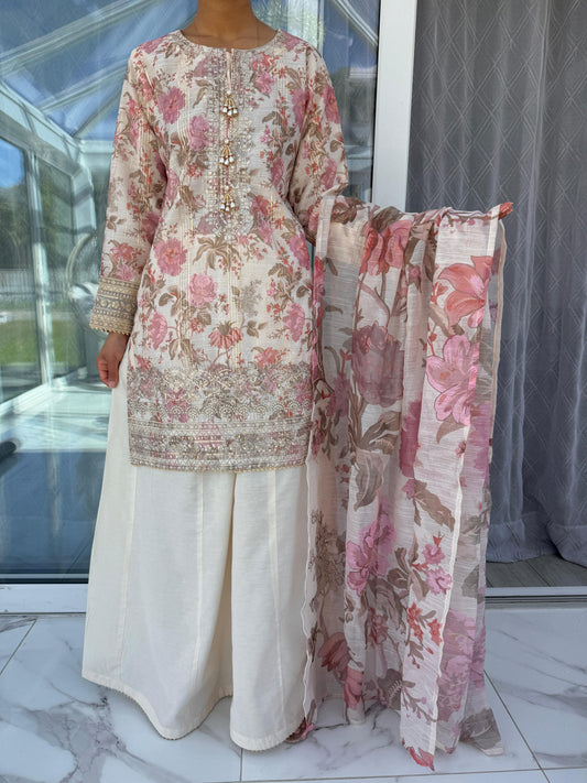 AYNAZ - Embroidered and floral printed monar outfit with Kali Sharara (pink flowers)