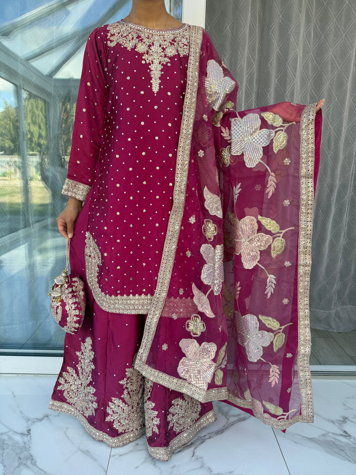 ZARYAB CERISE PINK - Embroidered silk kameez with Sharara