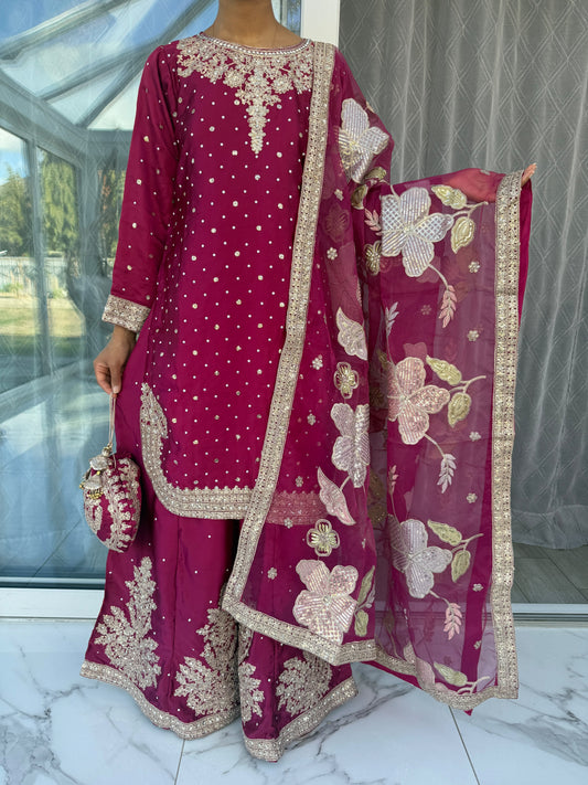 ZARYAB CERISE PINK - Embroidered silk kameez with Sharara