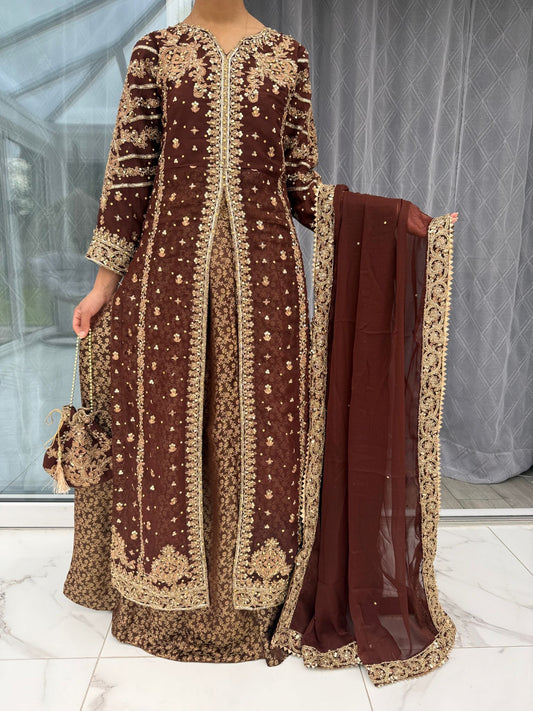 JANNAT BROWN - Embroidered chiffon kameez with brocade lengha