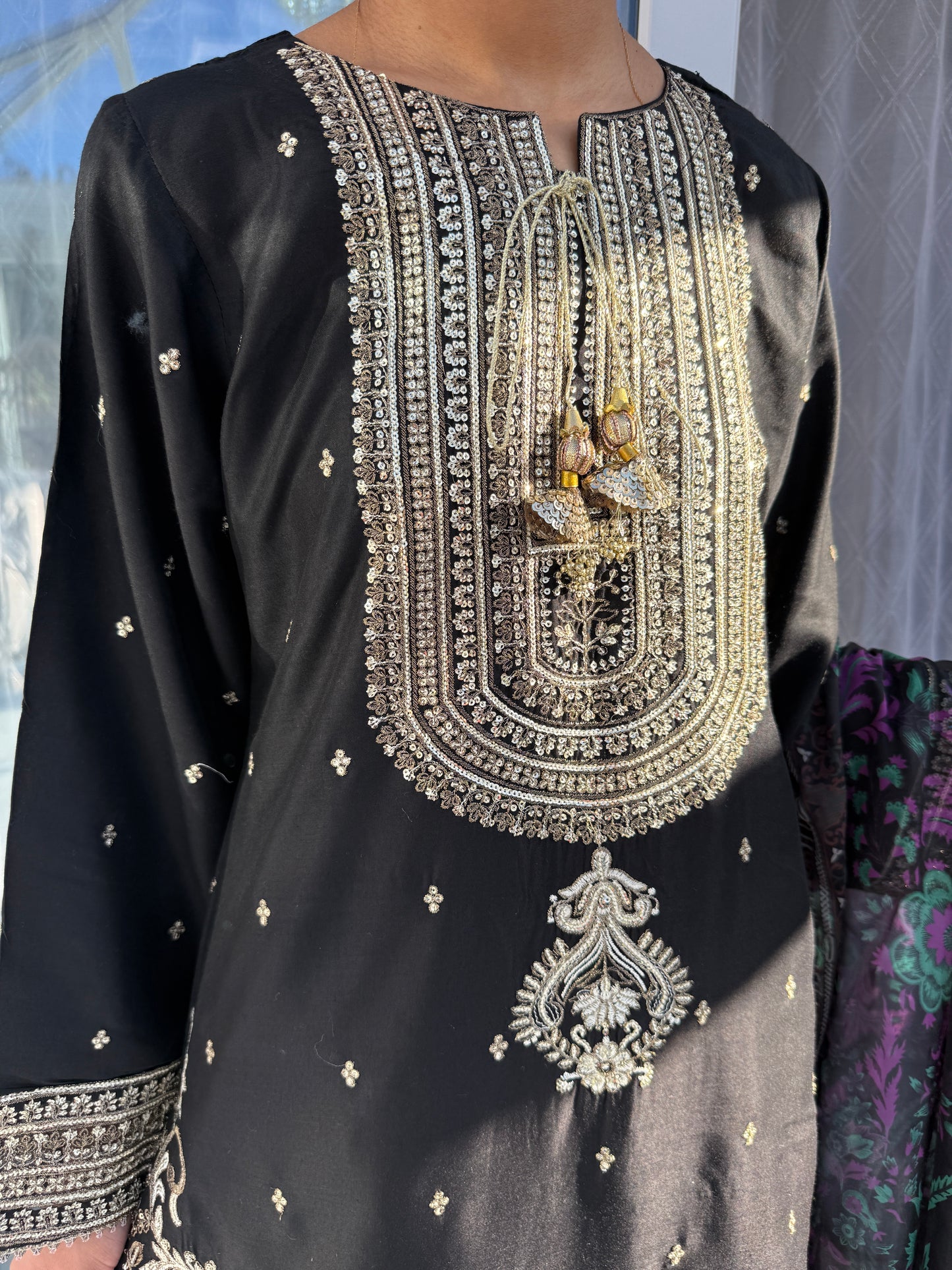 MEERAB BLACK - Embroidered linen kameez with Sharara