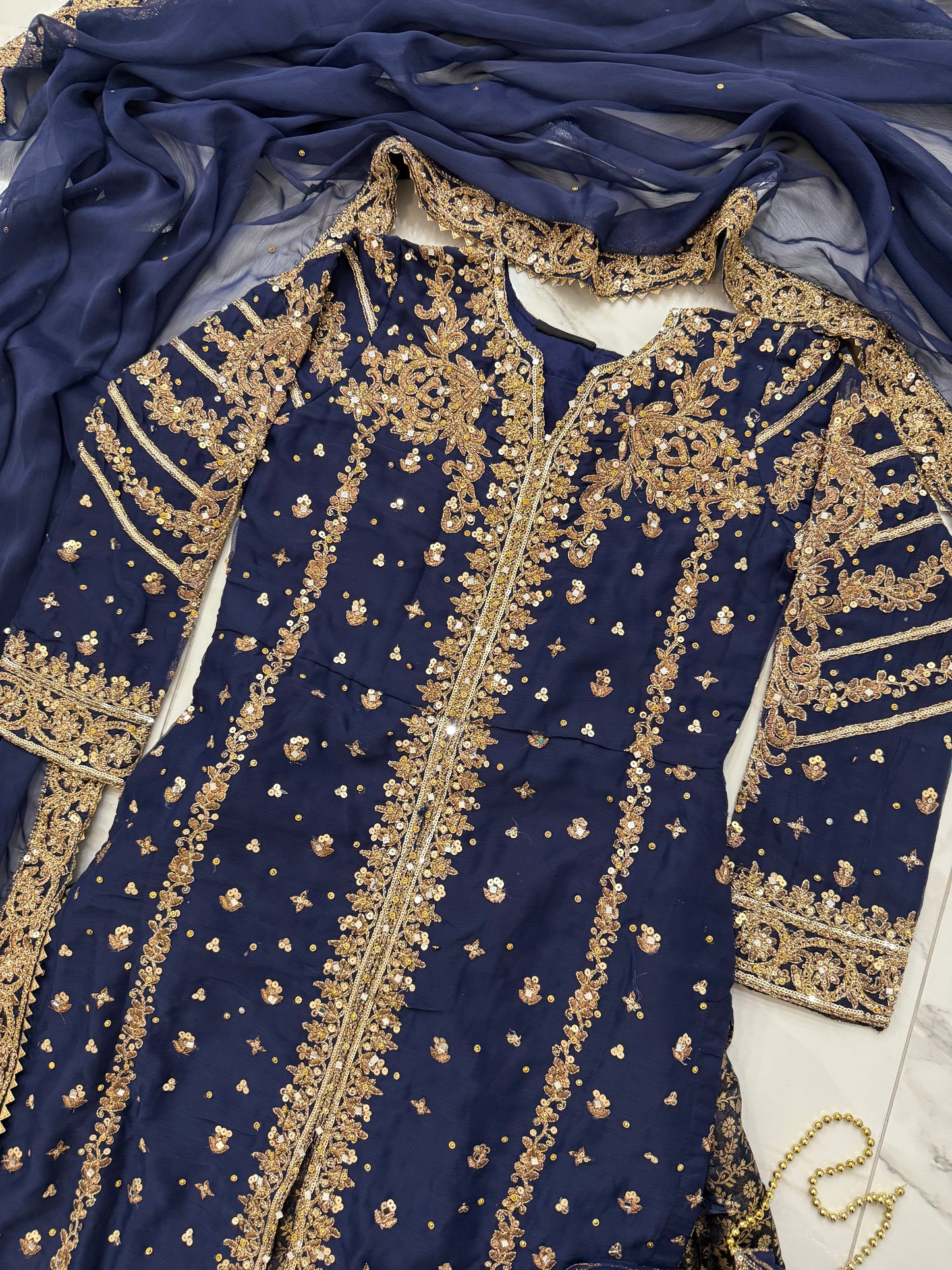 JANNAT NAVY - Embroidered chiffon kameez with brocade lengha
