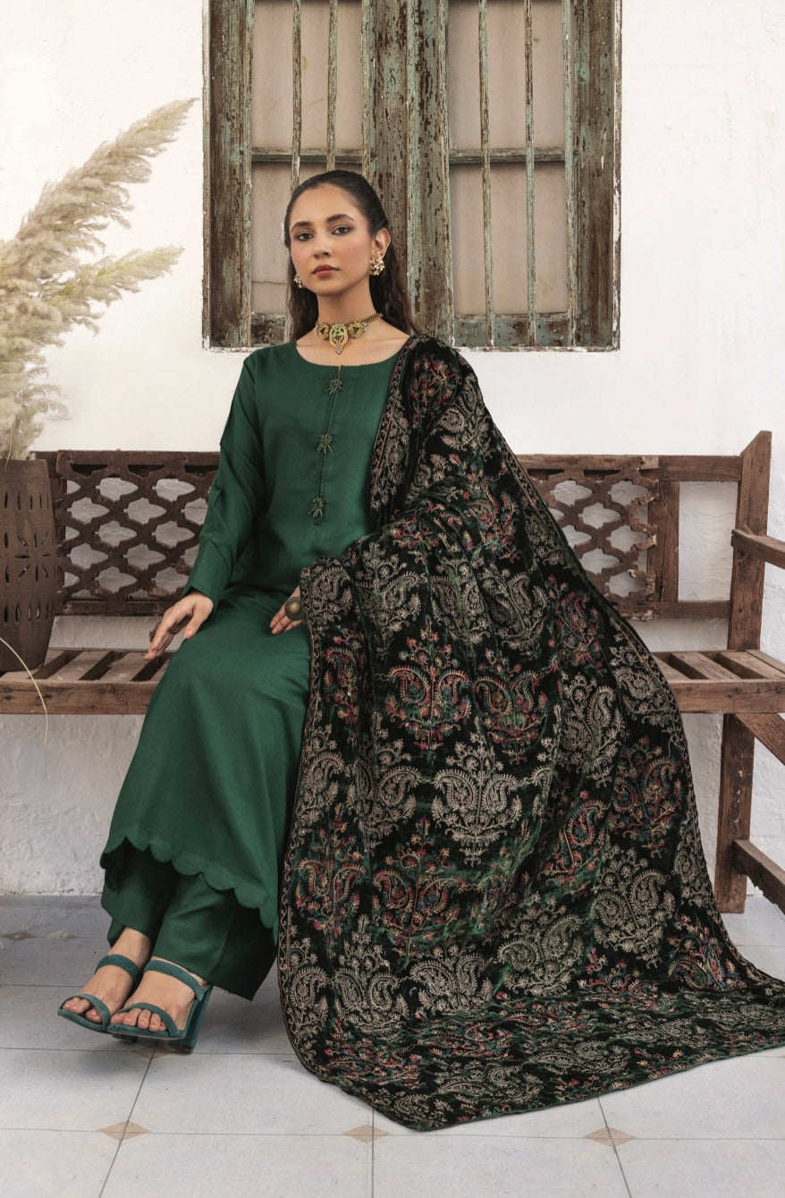 JAAN B GREEN - SIMRANS DHANAK WITH EMBROIDERED VELVET SHAWL COLLECTION