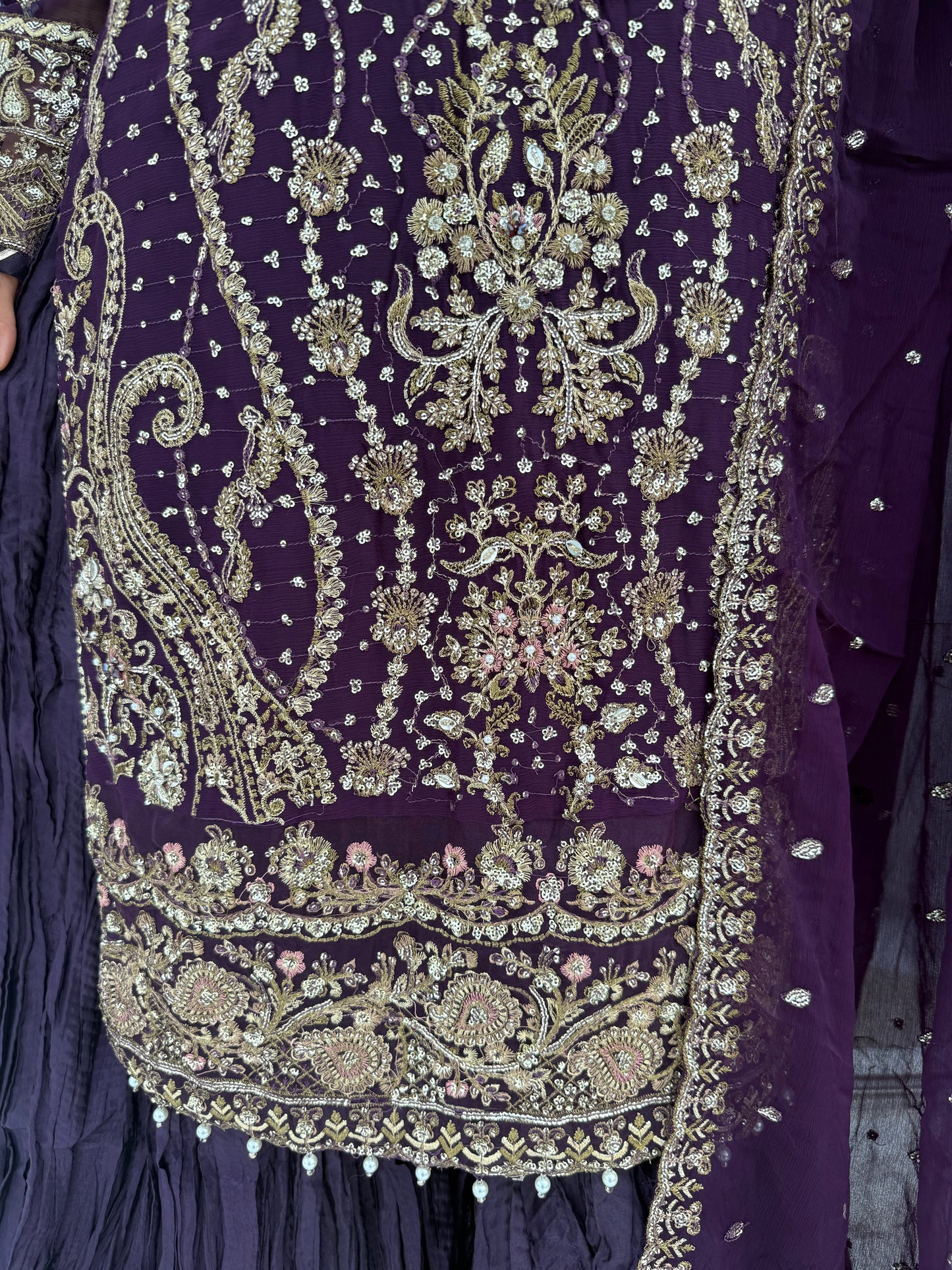 QAMAR PURPLE - Embroidered chiffon kameez with crushed sharara