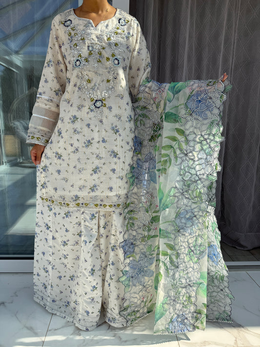 SAJAL - Printed and embroidered Monar kameez with Kali sharara