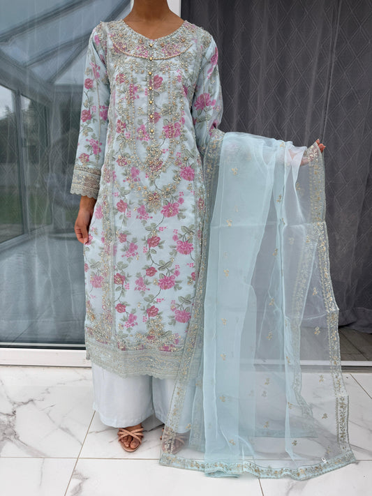 MARIYA BLUE - Embroidered organza kameez with floral printed silk lining