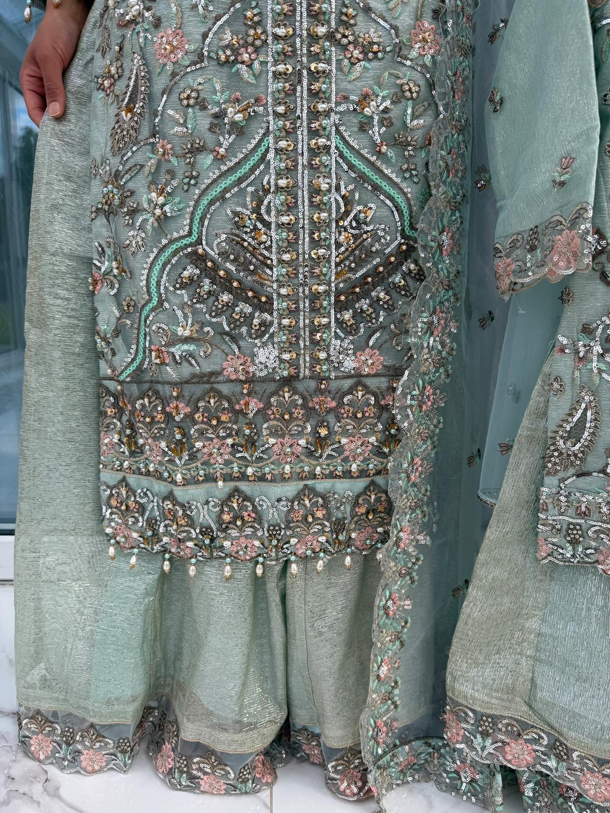 ALAIRA BLUE - Handwork embellished net outfit with Sharara