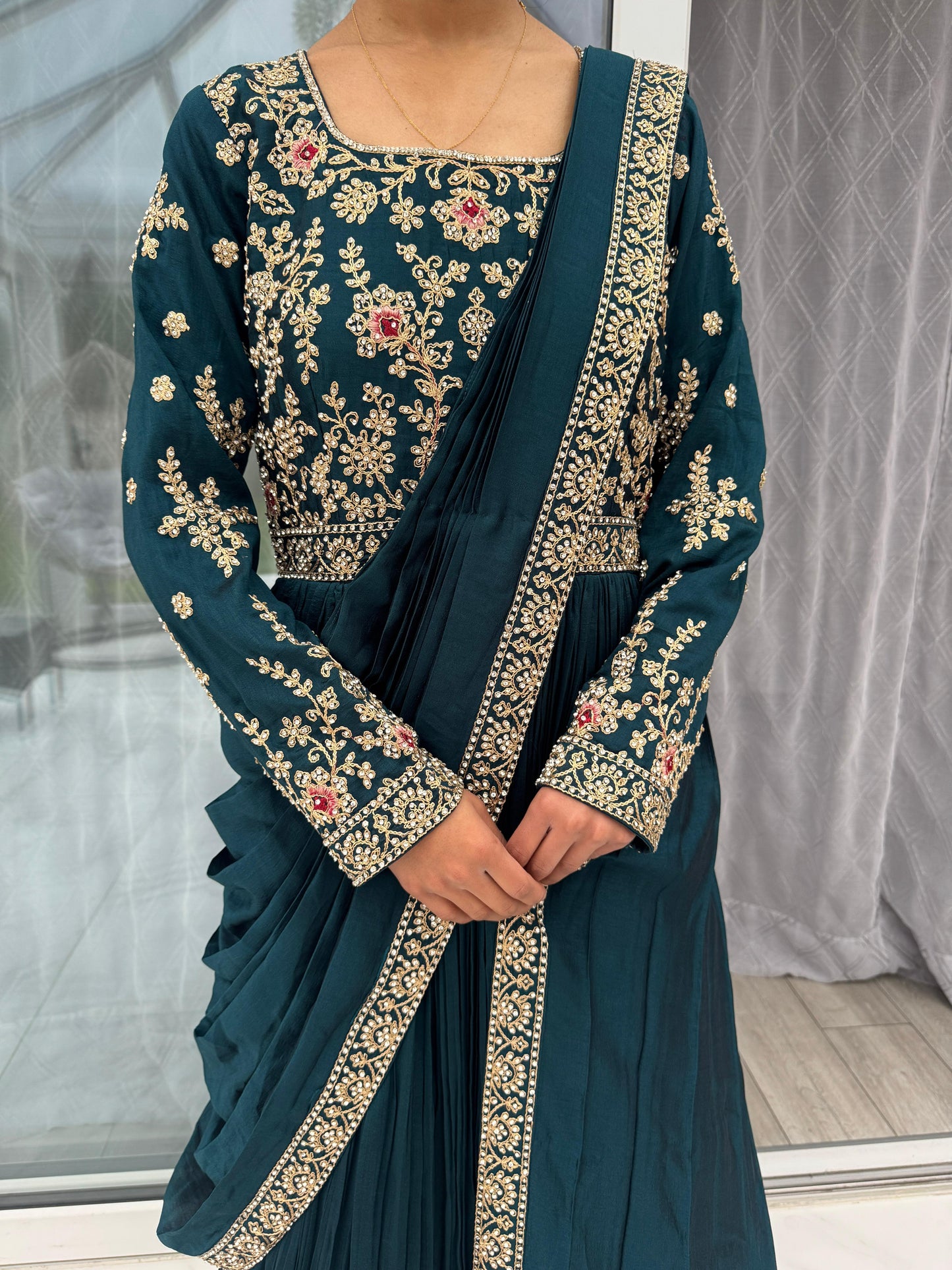 PRIYA - Embroidered saree style draped maxi dress with stonework