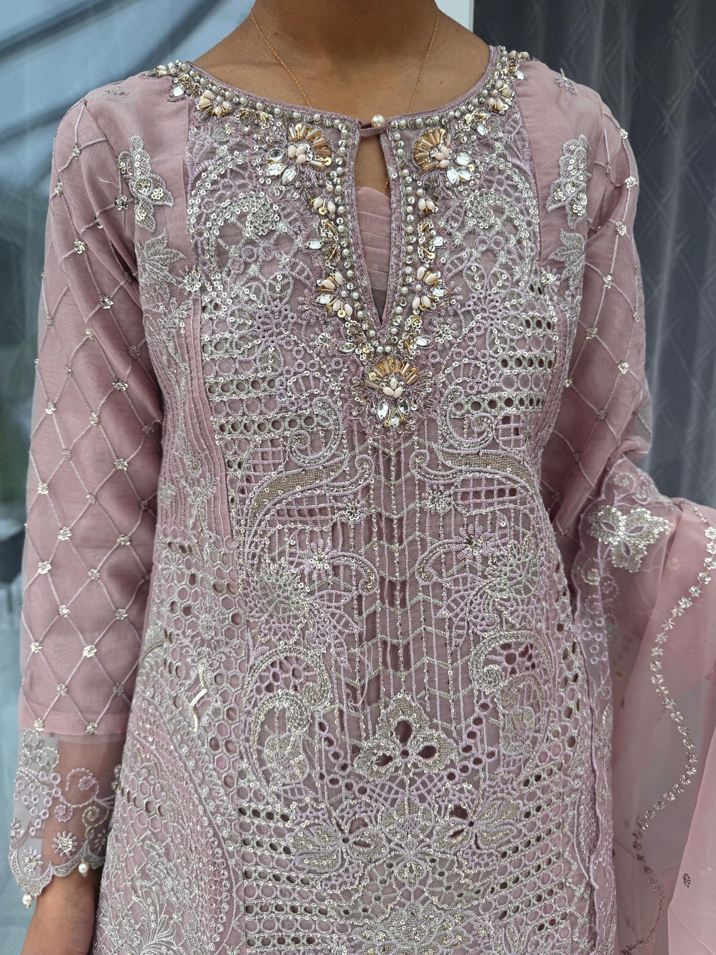 AYLA - Embroidered organza readymade outfit with cutwork, plazo and dupatta