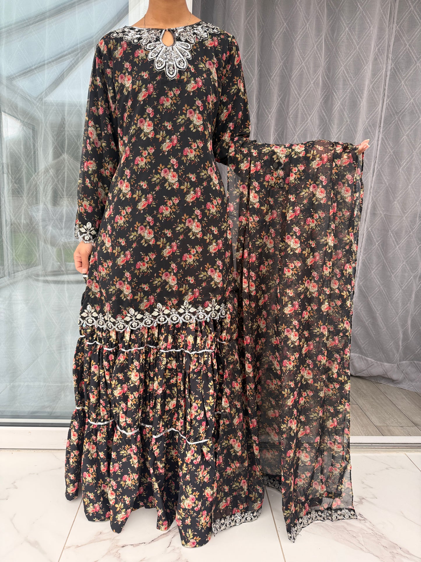 BAROQUE LUX - Embroidered and printed chiffon tiered gharara