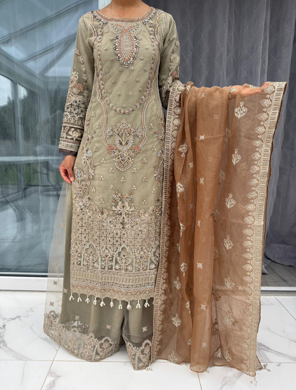 ISMA GOLD - Embroidered readymade Imrozia net outfit with Sharara
