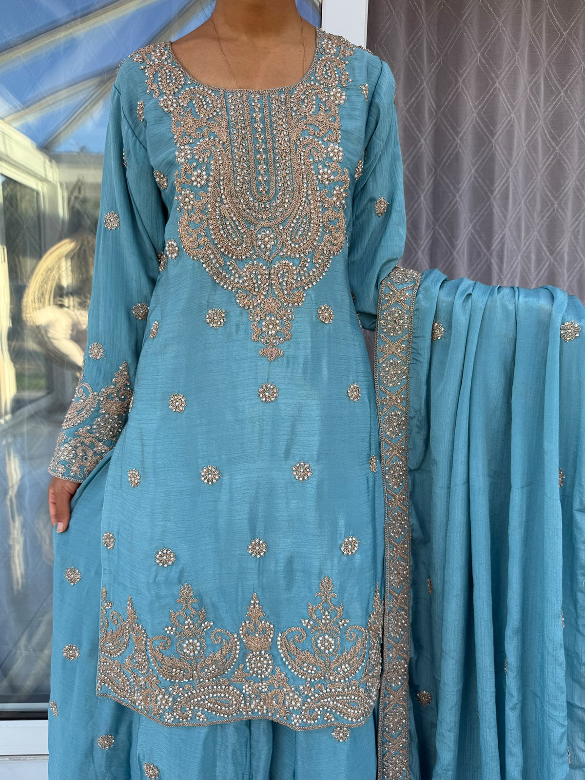 HAYA - Embroidered diamanté crinkle silk kameez with sharara and dupatta