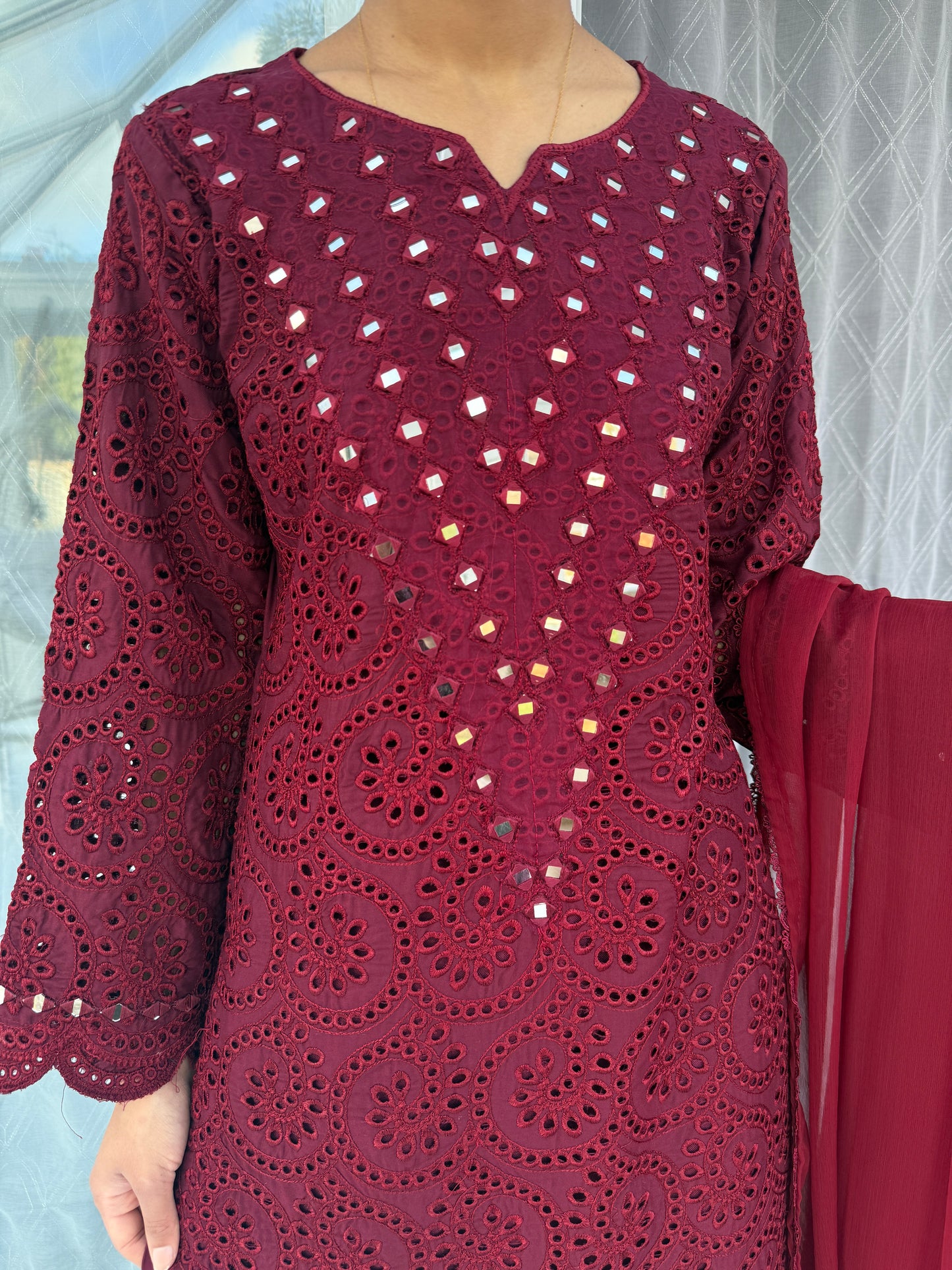 FAYZA - EMBROIDERED LINEN CHIKAN KARI KAMEEZ WITH PLAZO