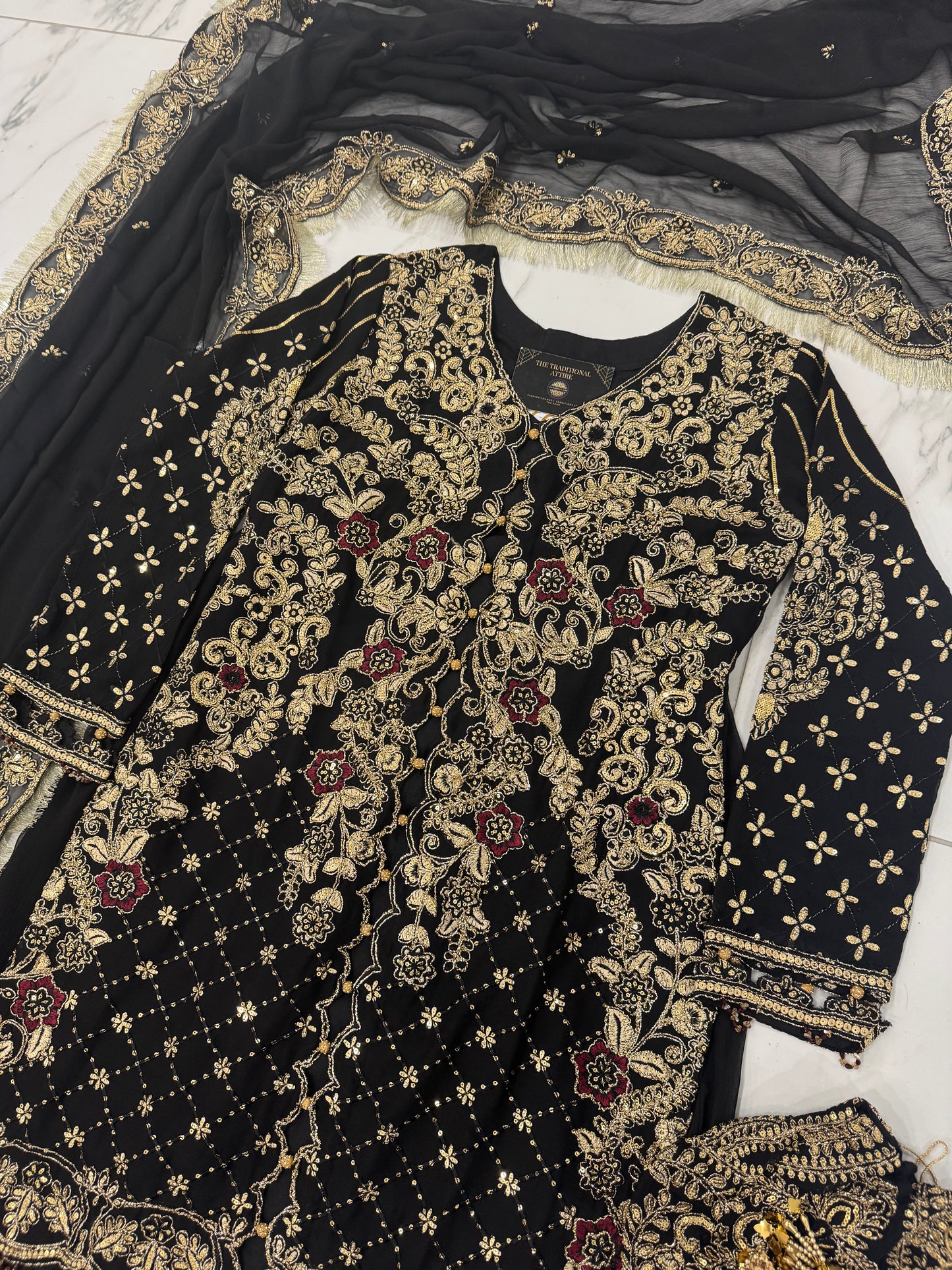 HUSN - Embroidered chiffon readymade outfit with Farshi gharara