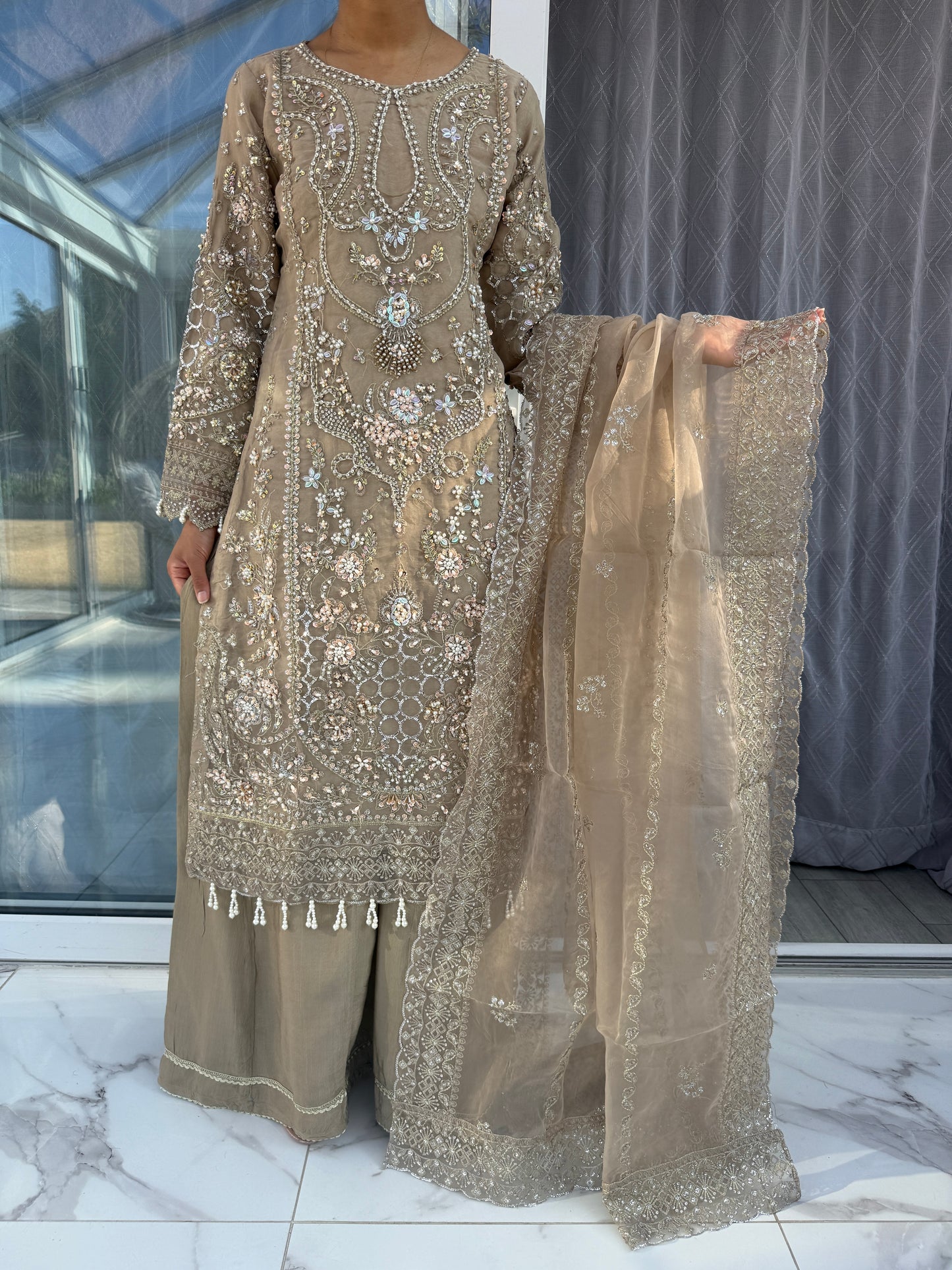 ANIQA MOCHA - Embroidered organza kameez with handwork and Kali Sharara