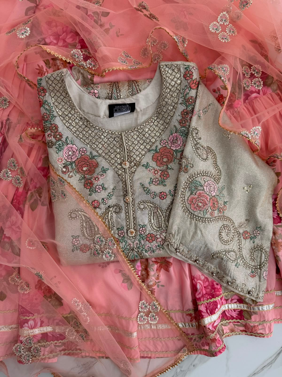 SUMAYA - Ethnic Inspired embroidered masoori kameez with floral printed Sharara