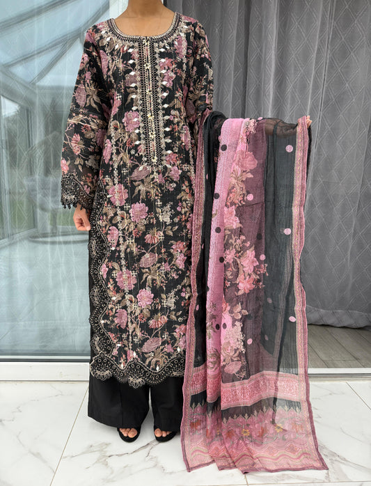GULNAZ - Embroidered floral printed monar outfit with plazo