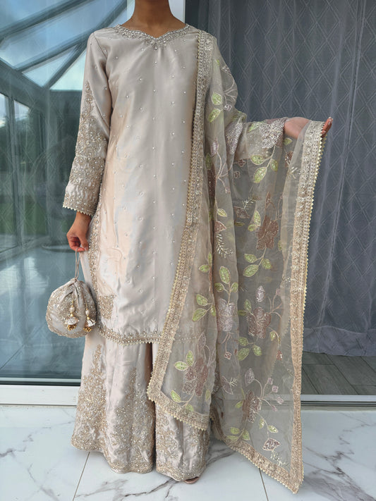 KASHISH - Embroidered silk kameez with sharara