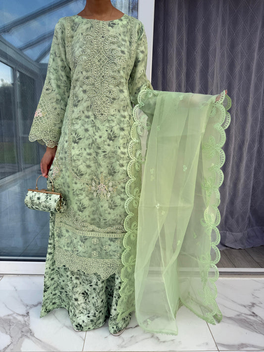 MINAL - Embroidered organza kameez with floral printed silk lining and Sharara