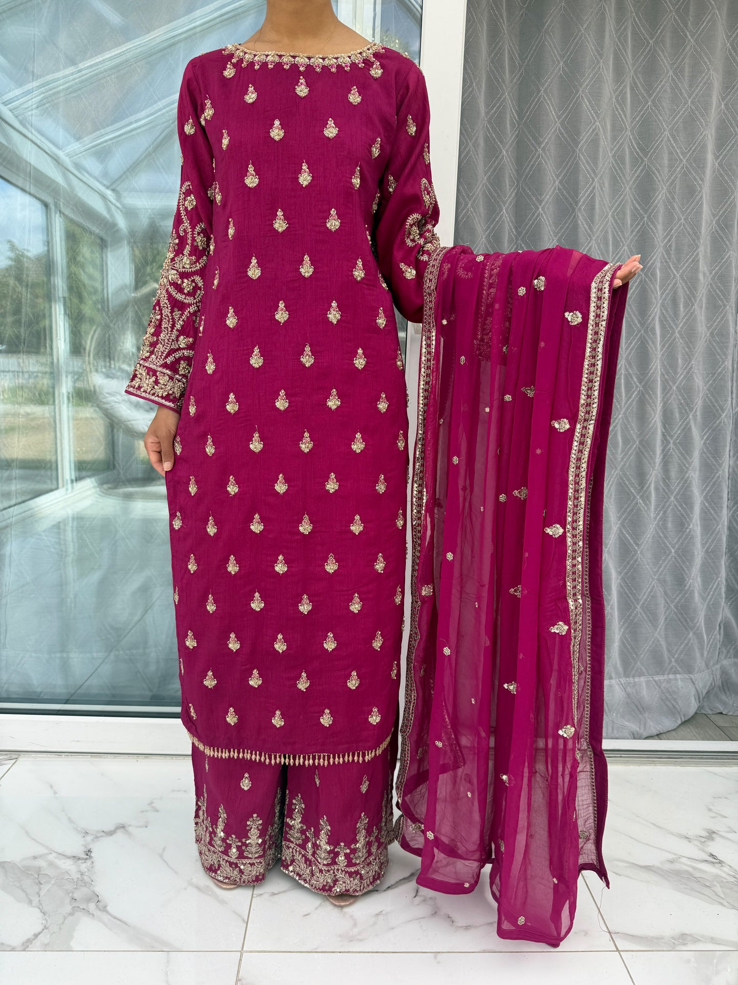 ADAH PINK - Handwork embellished pure silk kameez with plazo