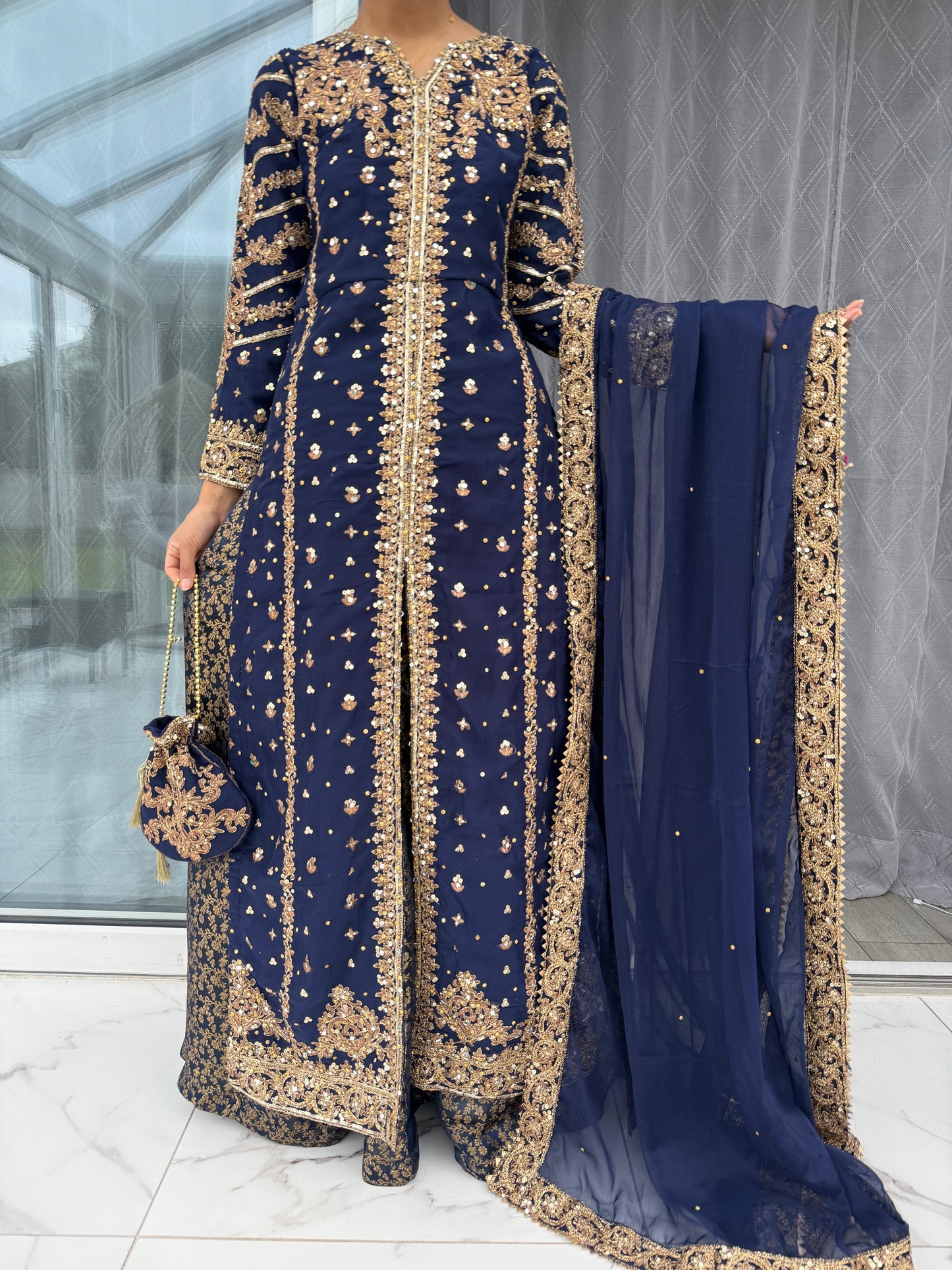 JANNAT NAVY - Embroidered chiffon kameez with brocade lengha