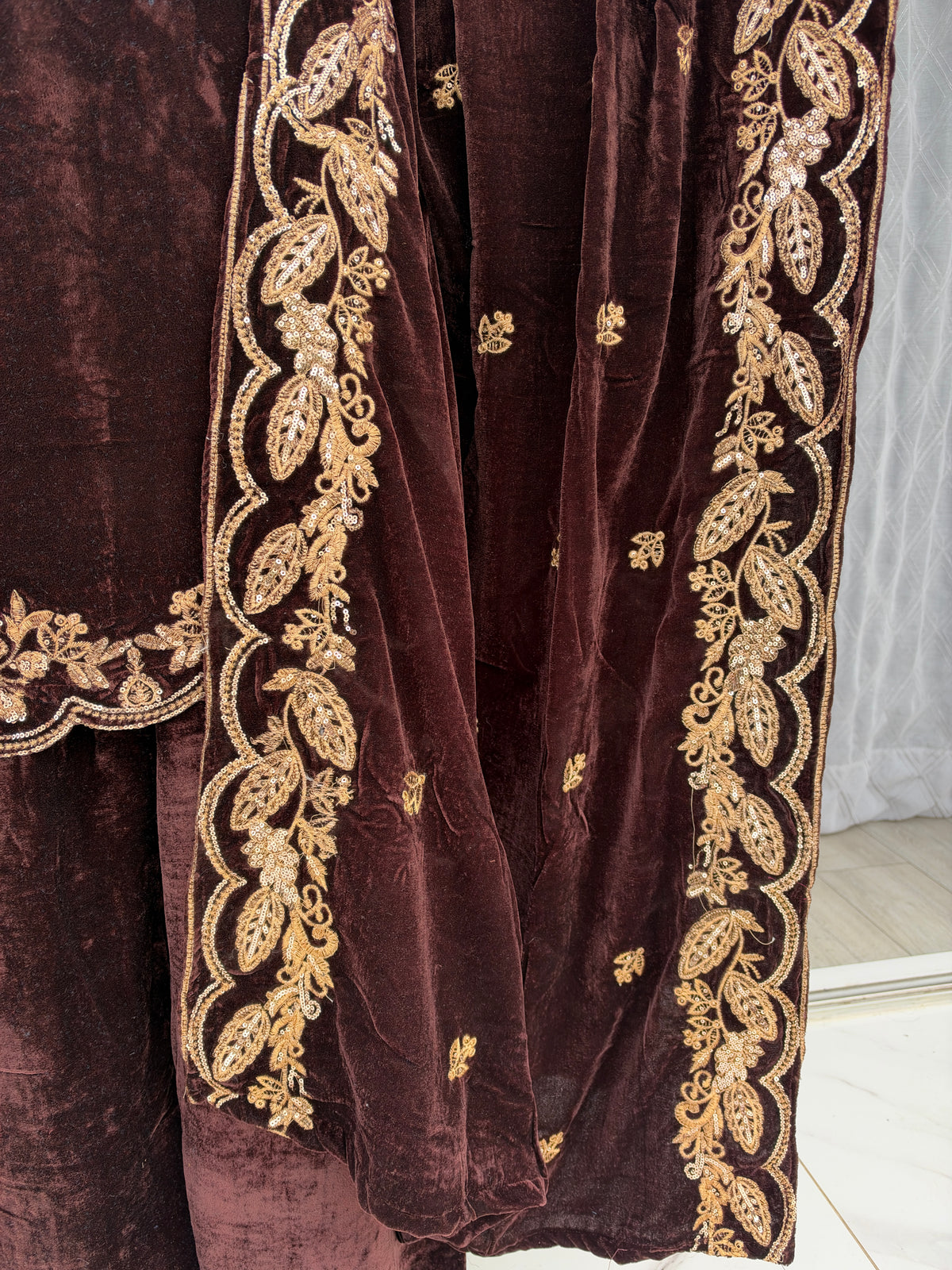 AIMA BROWN - Embroidered micro velvet kameez with plazo and velvet shawl