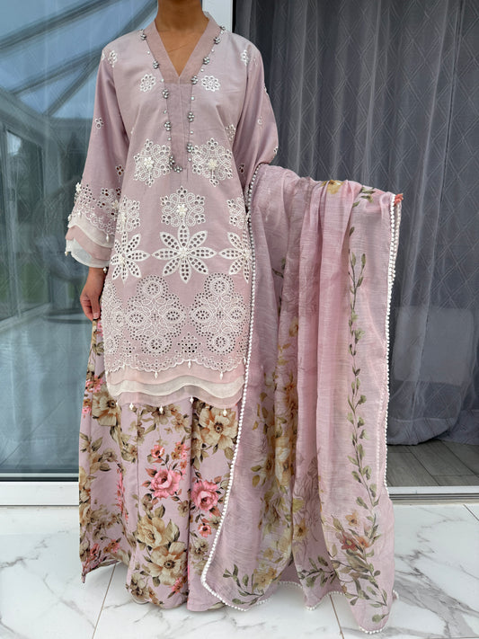 AINA - Embroidered soft cotton kameez with floral printed Sharara
