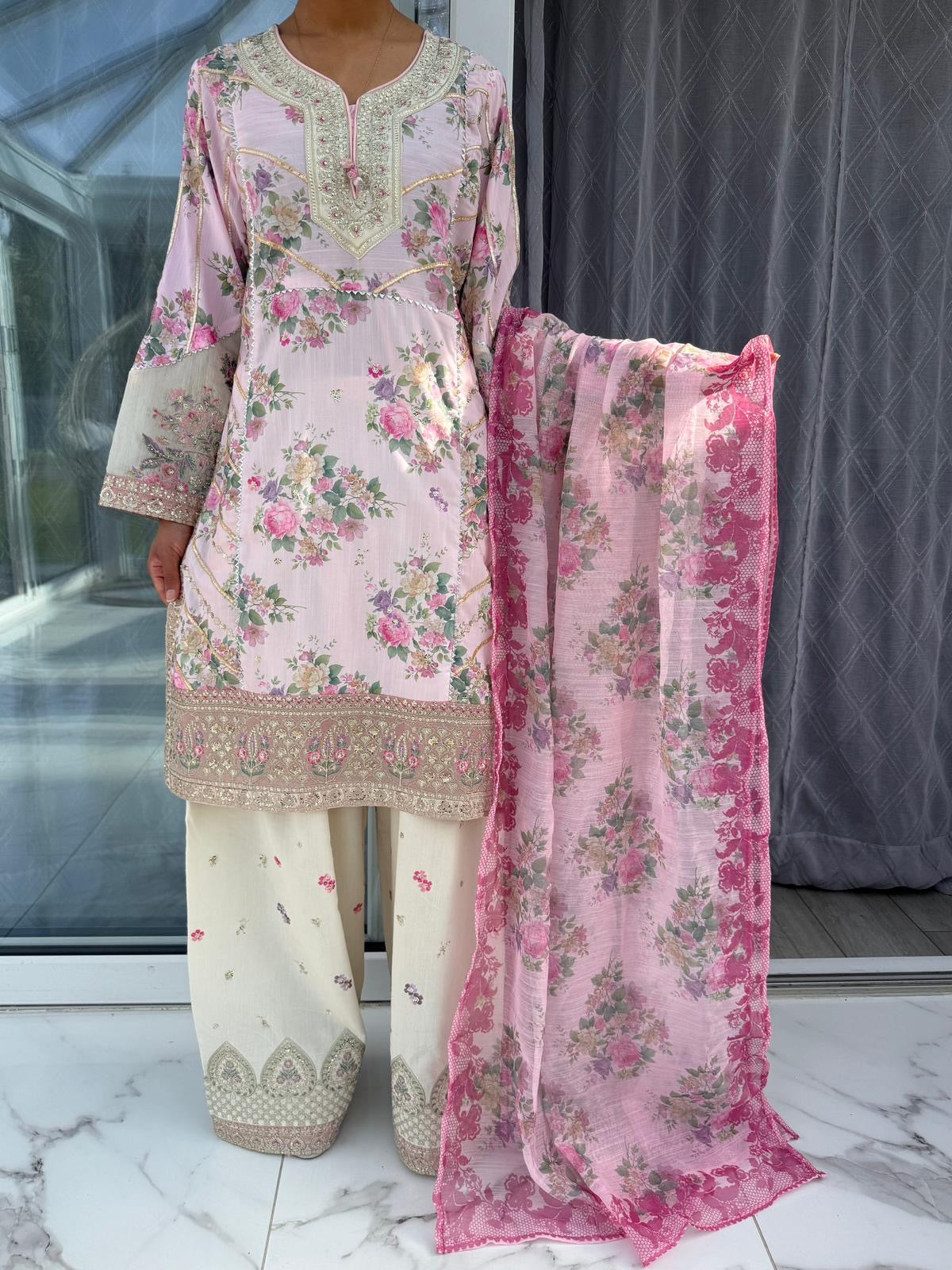 GULNOOR - Embroidered floral viscose kameez with embroidered farshi shalwar