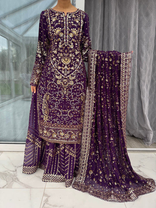 RAHAT PURPLE - Embroidered chiffon kameez with chiffon sharara and dupatta