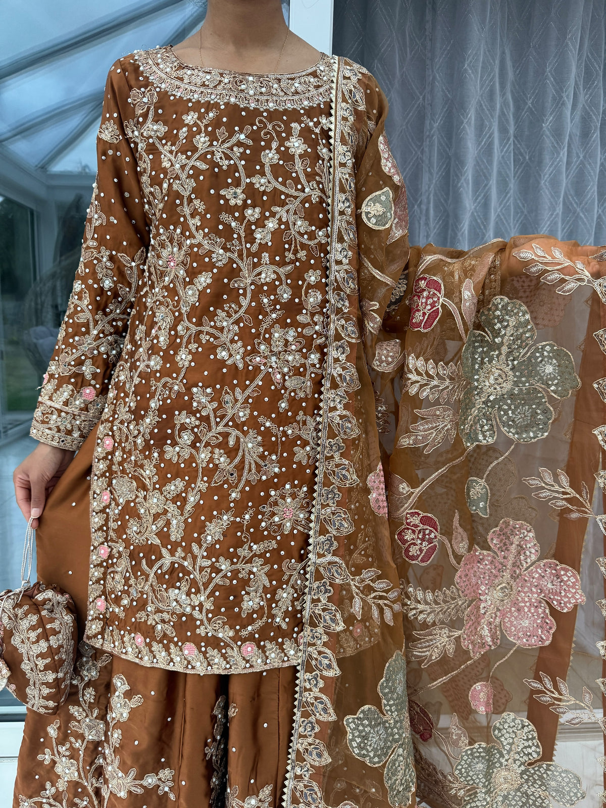 KHAANI CARAMEL BROWN - Embroidered luxury silk kameez with Sharara