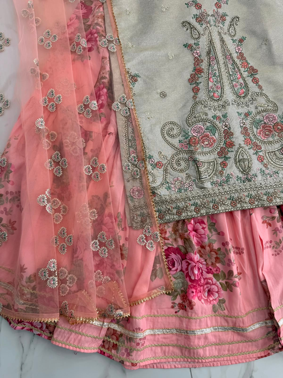 SUMAYA - Ethnic Inspired embroidered masoori kameez with floral printed Sharara