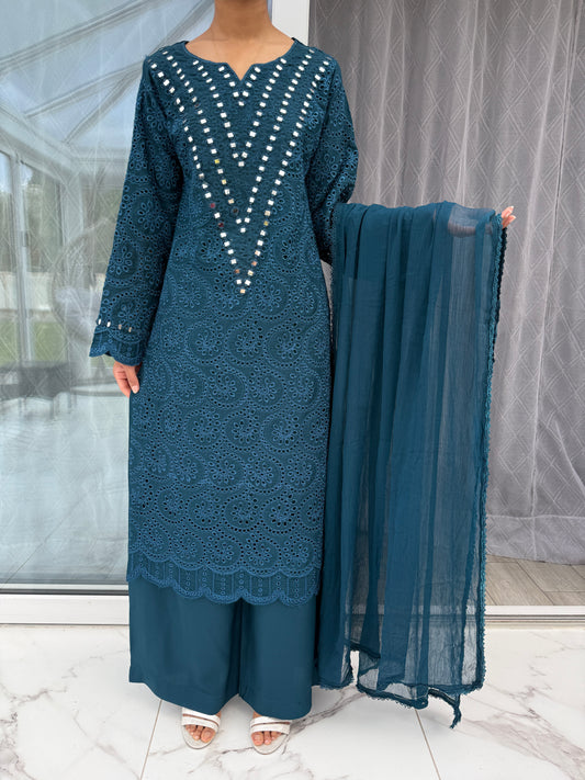 FAYZA - EMBROIDERED LINEN CHIKAN KARI KAMEEZ WITH PLAZO