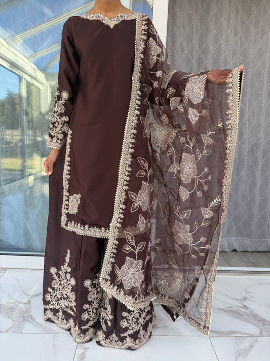 KASHISH DEEP BROWN - Embroidered silk kameez with sharara and dupatta