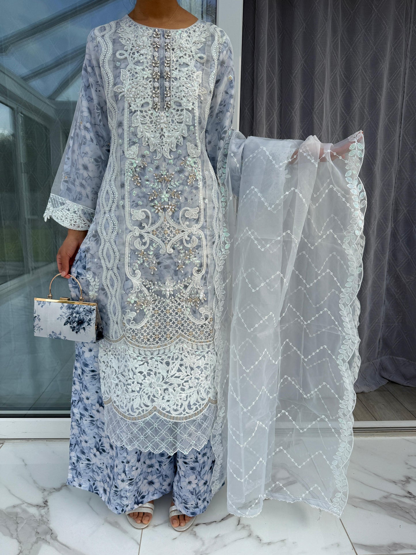 MINAL - Embroidered organza kameez with floral printed silk lining and Sharara